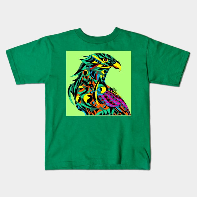 emerald green mecha peregrine falcon halcon ecopop in mexican techno organic tribal totonac patterns Kids T-Shirt by jorge_lebeau